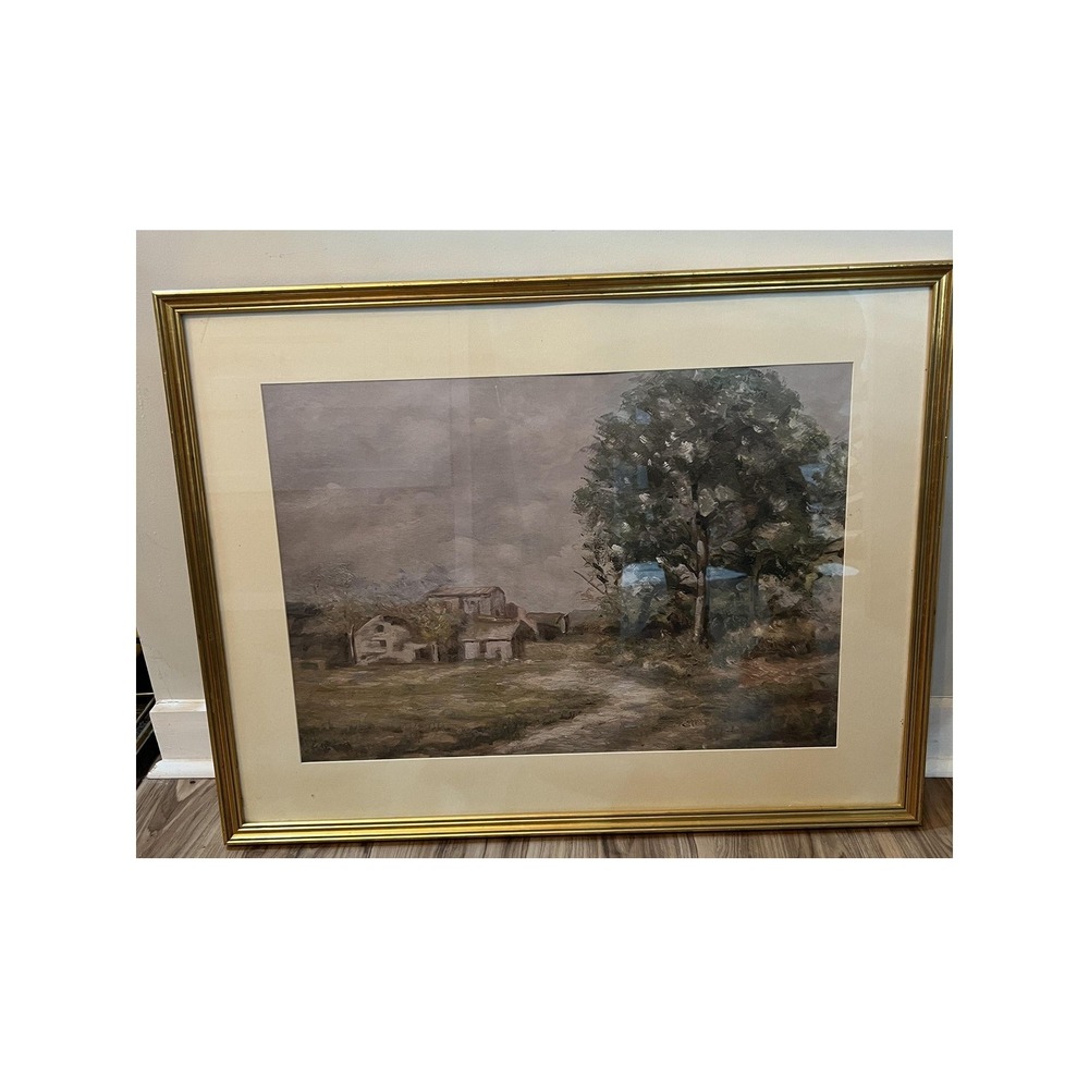 Vintage Framed Landscape Art Print Farmhouse Countryside Gold Frame 31x24